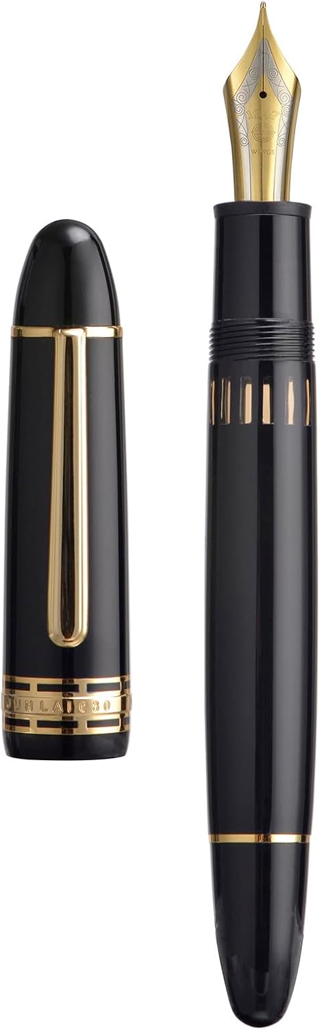 Wing Sung 630 Resin Fountain Pen – Fine Nib (#8), Piston Filling System With Transparent Fence Ink Tank, Indigo Blue / Piano Black / Wine Red (Gold Trim)