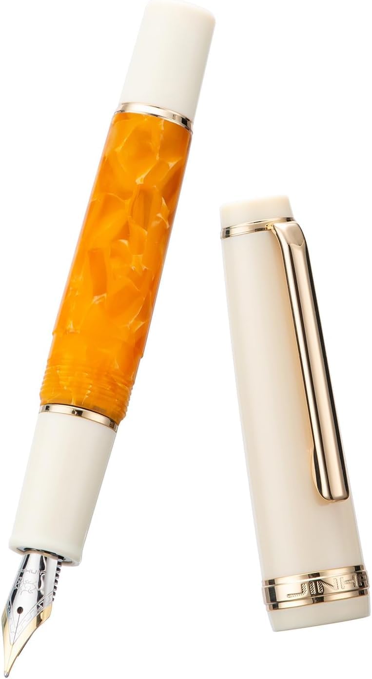 Jinhao 82 Mini Fountain Pen With Extra Fine , Smooth Writing Pocket Pen, Gold Trim, Acrylic Marble Orange, Includes Converter