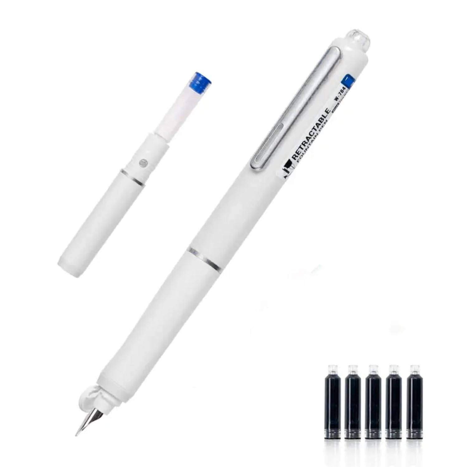 Dian Shi 1784 – Retractable Fountain Pen with 0.38mm Extra Fine Nib – Smooth Writing, 5 Blue Ink Refills (White)