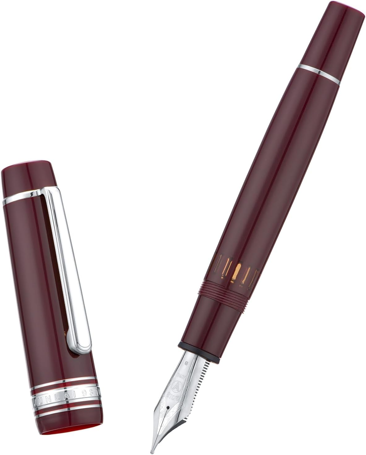 WingSung Junlai 930 Acrylic Fountain Pen – Flat Top Design with Piston Filling System, Size #9 Iridium Nib in Fine, Medium & Broad – Wine Red Fence Ink Tank with Silver Trim (No Ink)