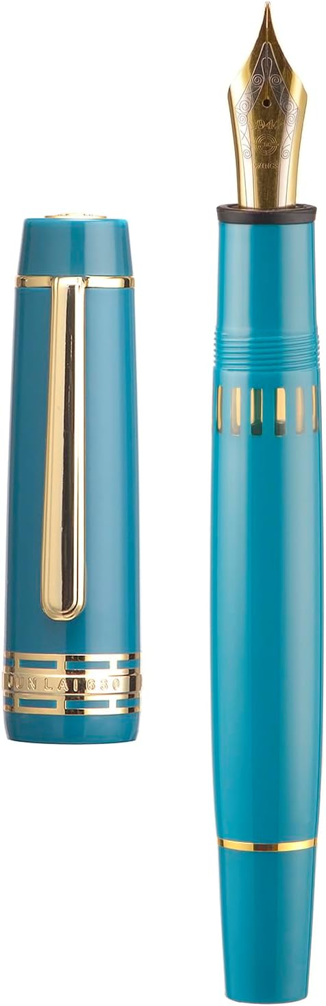 Wing Sung Junlai 630 Acrylic Fountain Pen – #8 Fine Nib, Piston Filling System, Flat Top Design, Blue-Green / Maroon / Piano Black (Fence Ink Tank, Gold Trim)