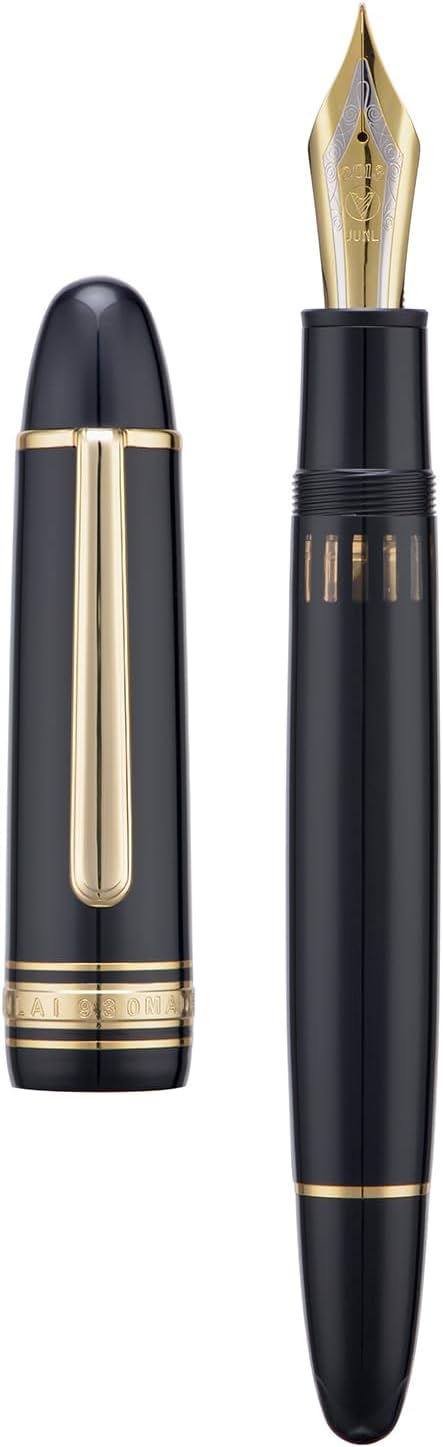 WingSung Junlai 930 Acrylic Fountain Pen, Size 9 Medium Nib with Piston Filling System, Piano Black Fence Ink Tank Design Smooth Writing Pen (Gold Trim)