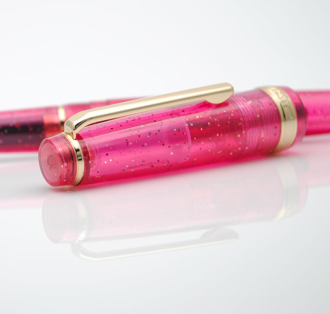 Jinhao 82 Pink Transparent Glitter Fountain Pen with Gold Trim, Resin Body & Screw Cap