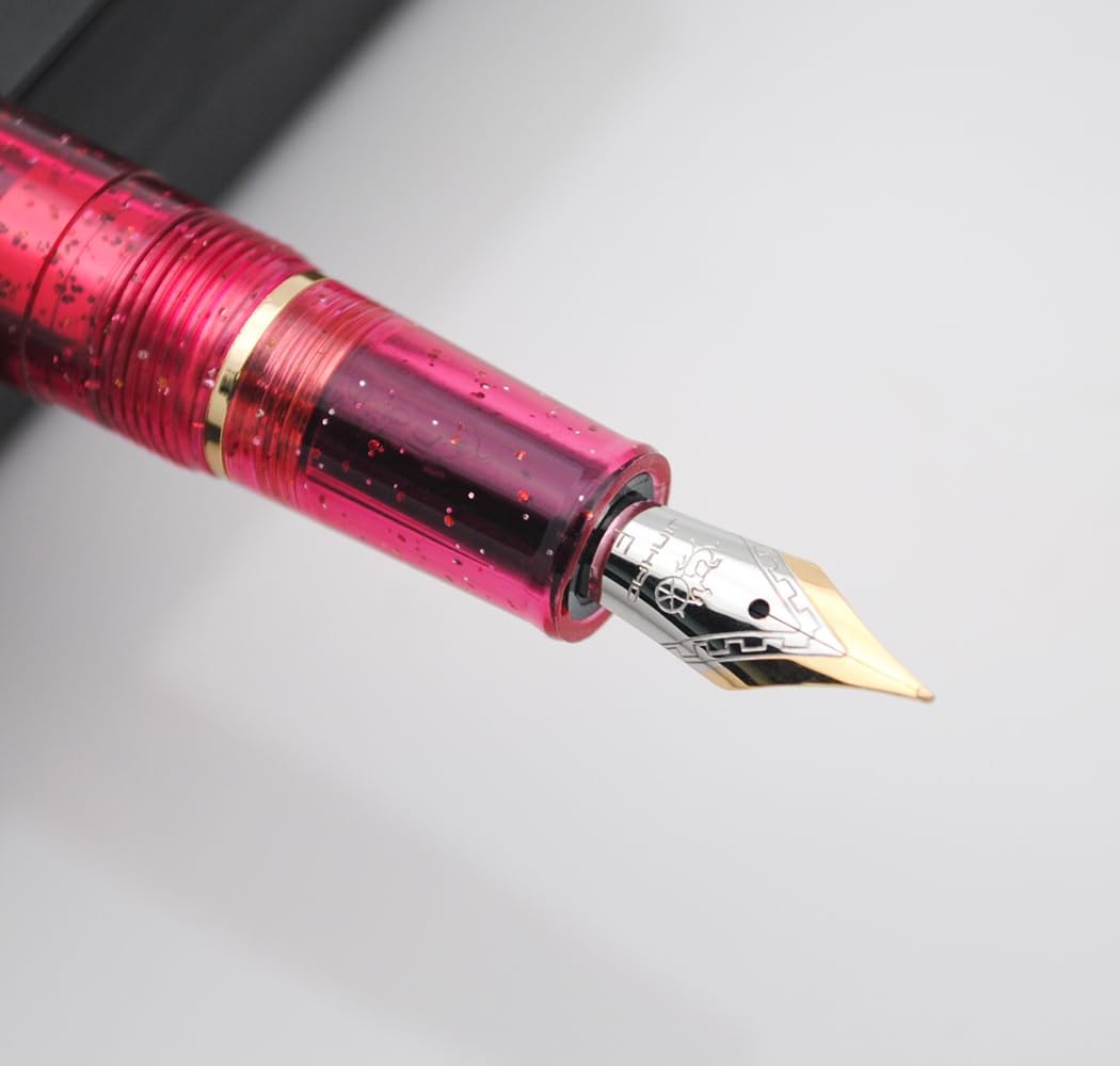 Jinhao 82 Pink Transparent Glitter Fountain Pen with Gold Trim, Resin Body & Screw Cap