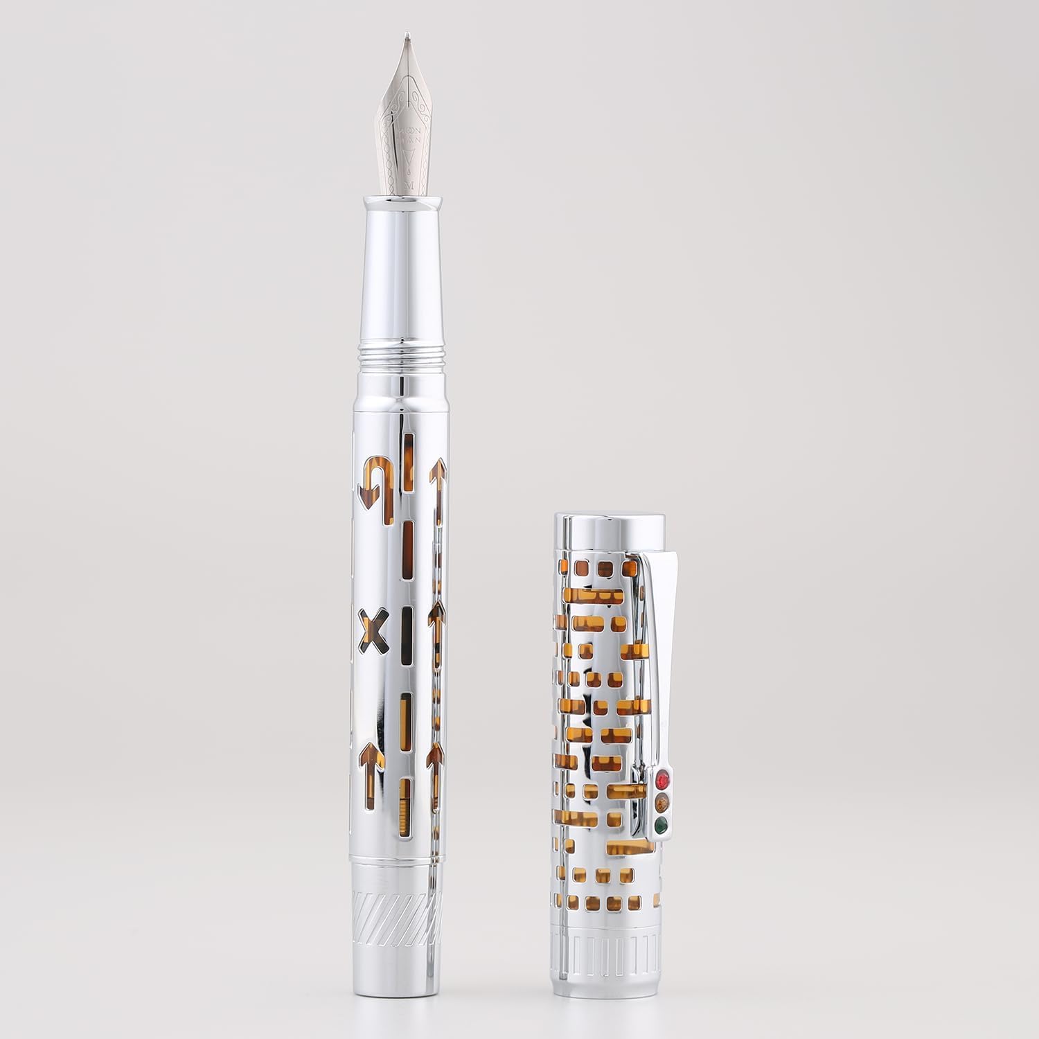 Moonman T6 City Lights Fountain Pen – Silver Skeleton Orange Acrylic Body, Extra Fine / Medium Nib, Piston Filling System