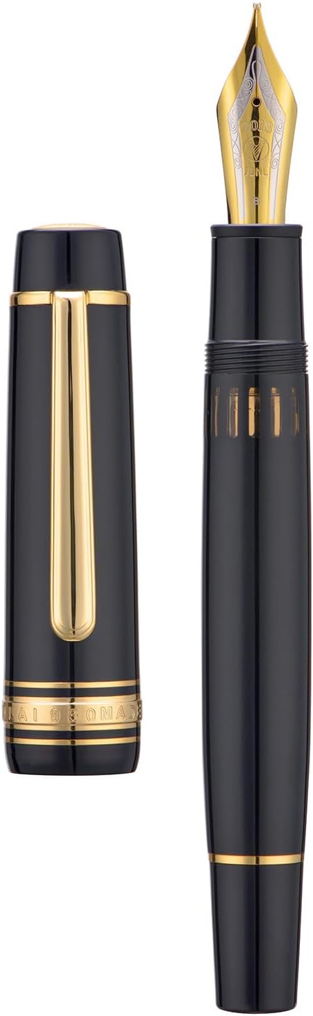 WingSung Junlai 930 Acrylic Fountain Pen – Flat Top Design with Piston Filling System, Size #9 Iridium Nib in Fine, Medium & Broad – Piano Black Fence Ink Tank with Gold Trim (No Ink)