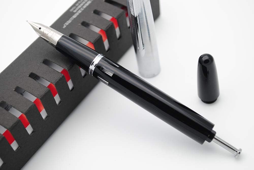 Wing Sung 601A Black Vacumatic Fountain Pen – Fine 0.5mm Nib, Resin Body with Steel Cap, Push-Type, Converter & Box (No Ink)