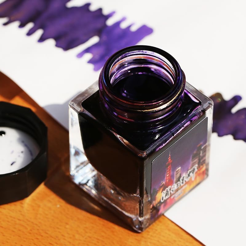 Moonman Magic City Purple Gold Powder Shimmer Fountain Pen Ink – Lujiazui, 20ml Bottled Ink for Calligraphy, Journaling & Creative Writing