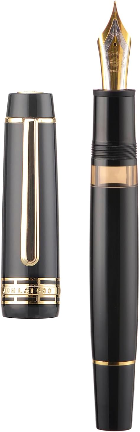 Wing Sung Junlai 630 Acrylic Fountain Pen – #8 Fine Nib, Piston Filling System, Flat Top Design, Blue-Green / Maroon / Piano Black (Transparent Ink Tank, Gold Trim)