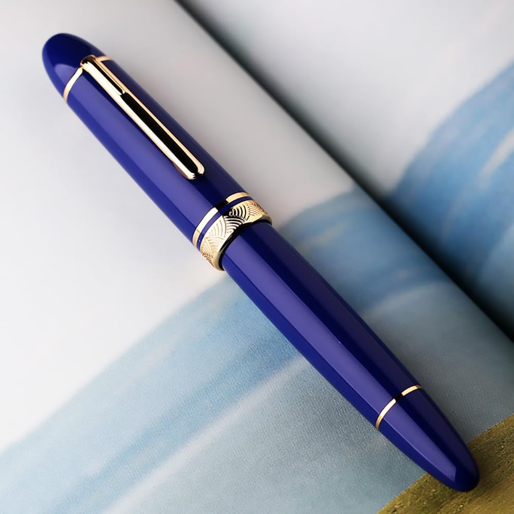 Moonman P140 Piston Fountain Pen – Blue Resin | Size #8 Fine/Medium Nib | Brass Piston System | Box