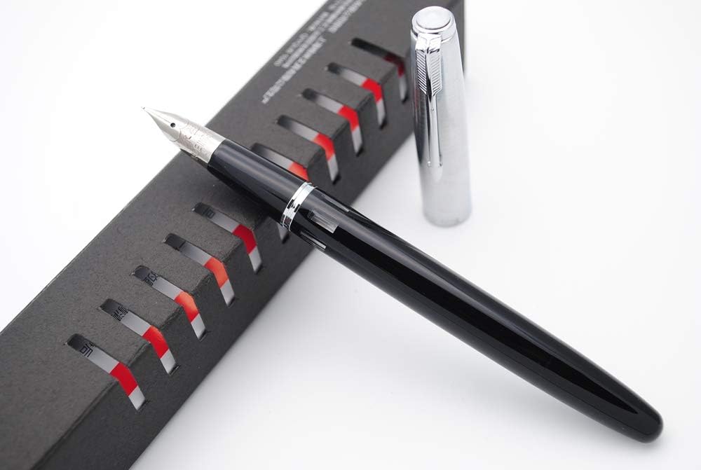 Wing Sung 601A Black Vacumatic Fountain Pen – Fine 0.5mm Nib, Resin Body with Steel Cap, Push-Type, Converter & Box (No Ink)