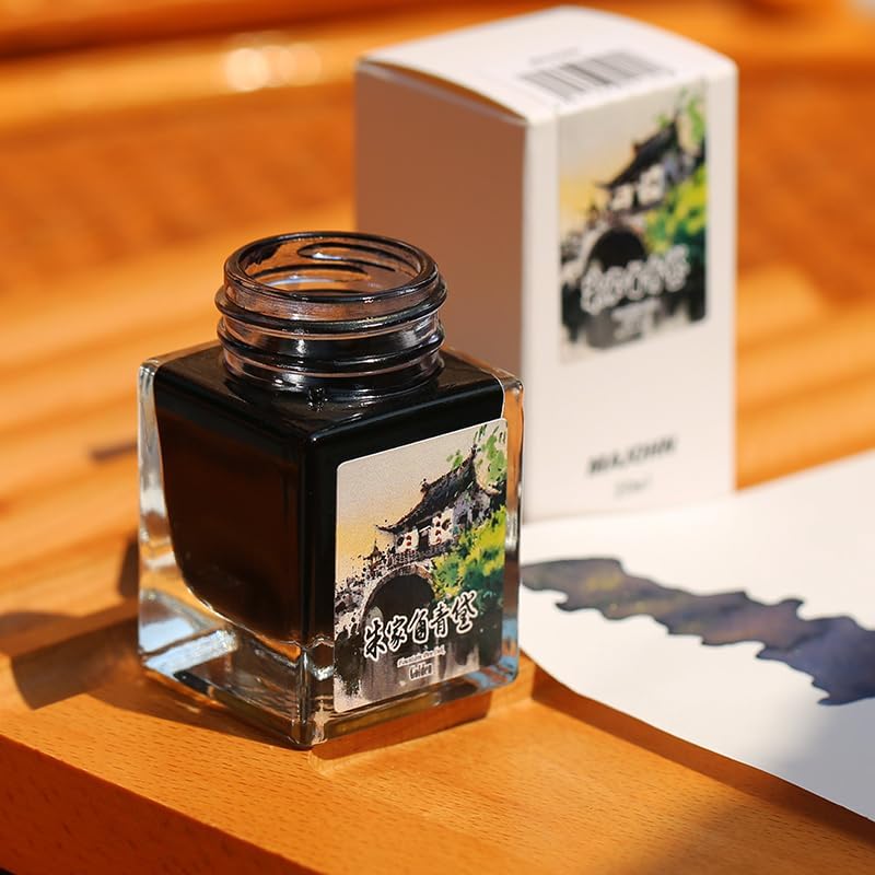 Moonman Magic City Dark Blue Black Gold Powder Shimmer Fountain Pen Ink – Zhujiajiao Ancient Town, 20ml Bottled Ink for Calligraphy, Journaling & Creative Writing