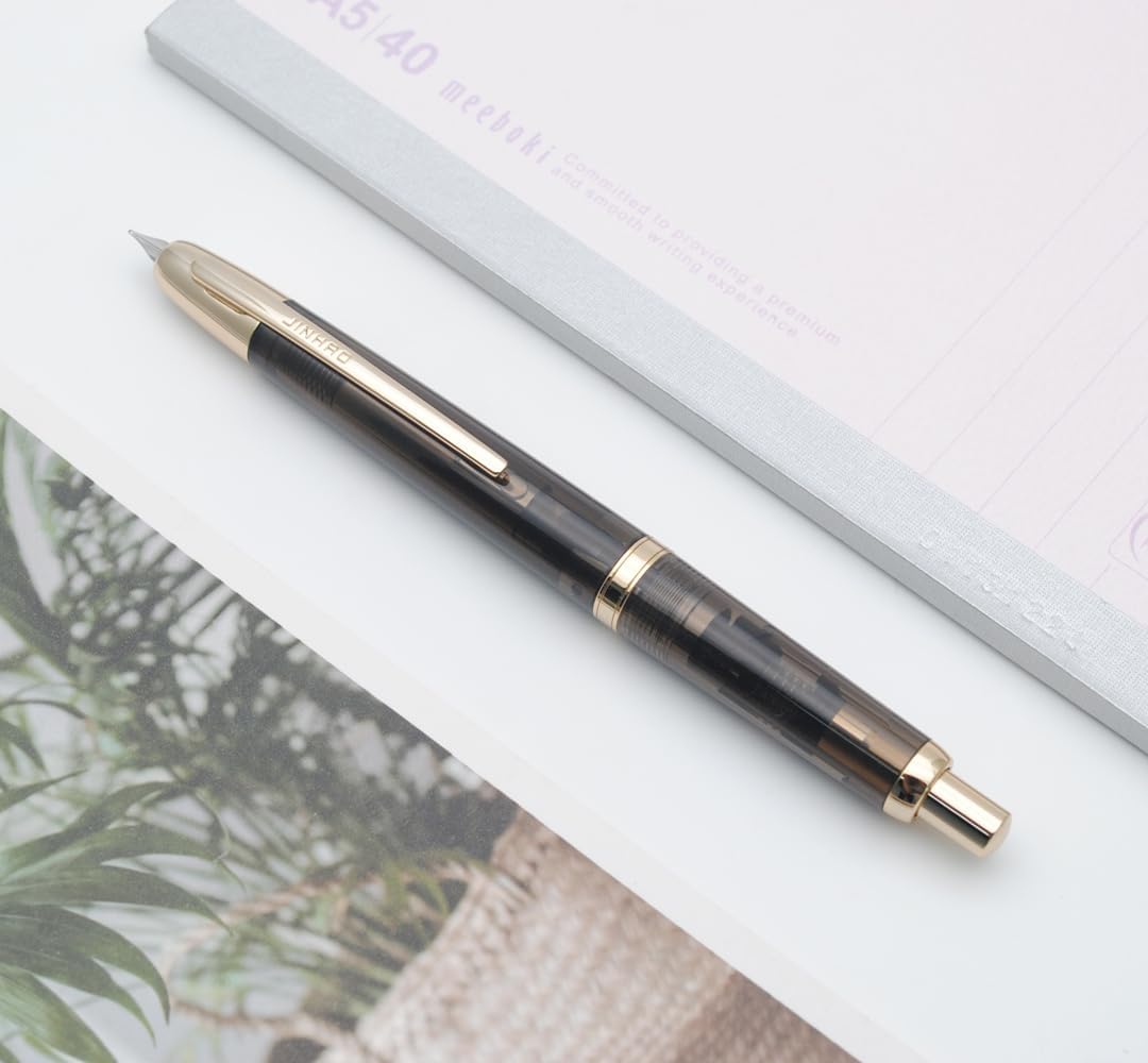 Jinhao 20 Press Retractable Fountain Pen – Transparent Black Colors – Plastic Body (Golden clip) -  Fine & Extra Fine Nib with Converter – Smooth Writing Daily Pen (No Ink Included)