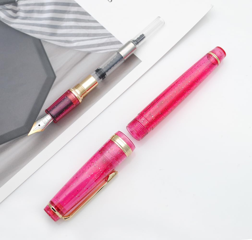 Jinhao 82 Pink Transparent Glitter Fountain Pen with Gold Trim, Resin Body & Screw Cap