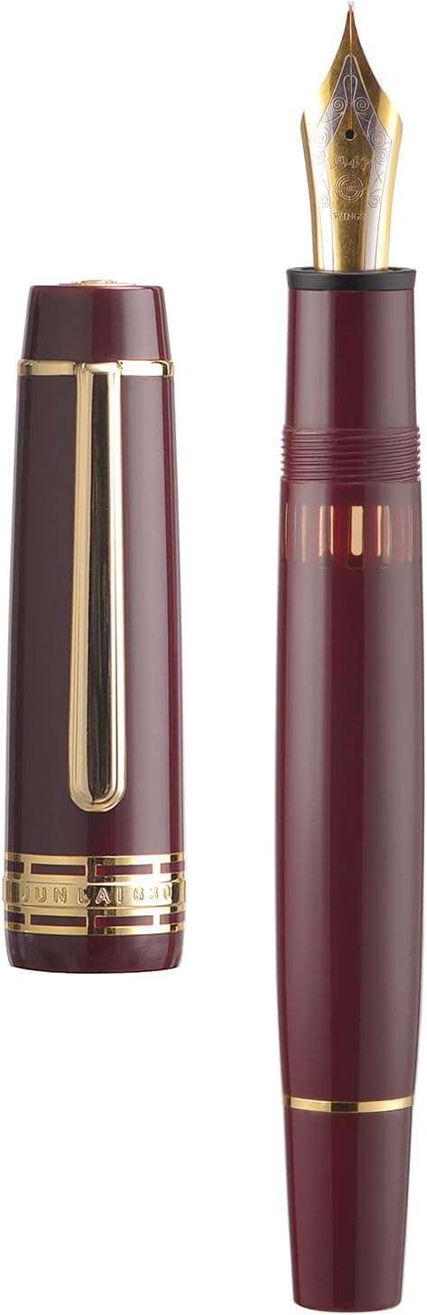 Wing Sung Junlai 630 Acrylic Fountain Pen – #8 Fine Nib, Piston Filling System, Flat Top Design, Blue-Green / Maroon / Piano Black (Fence Ink Tank, Gold Trim)