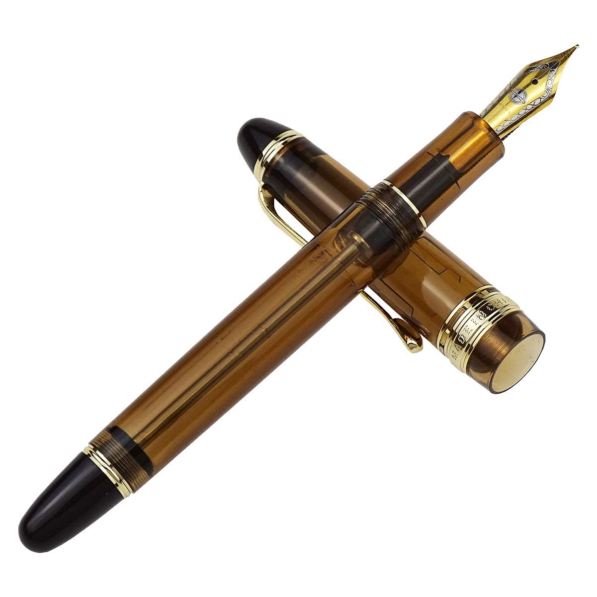 Wing Sung 699 Transparent Brown Vacuum Filler Fountain Pen – Smooth M Nib, Large Ink Capacity, Demonstrator Body, Gold Trim