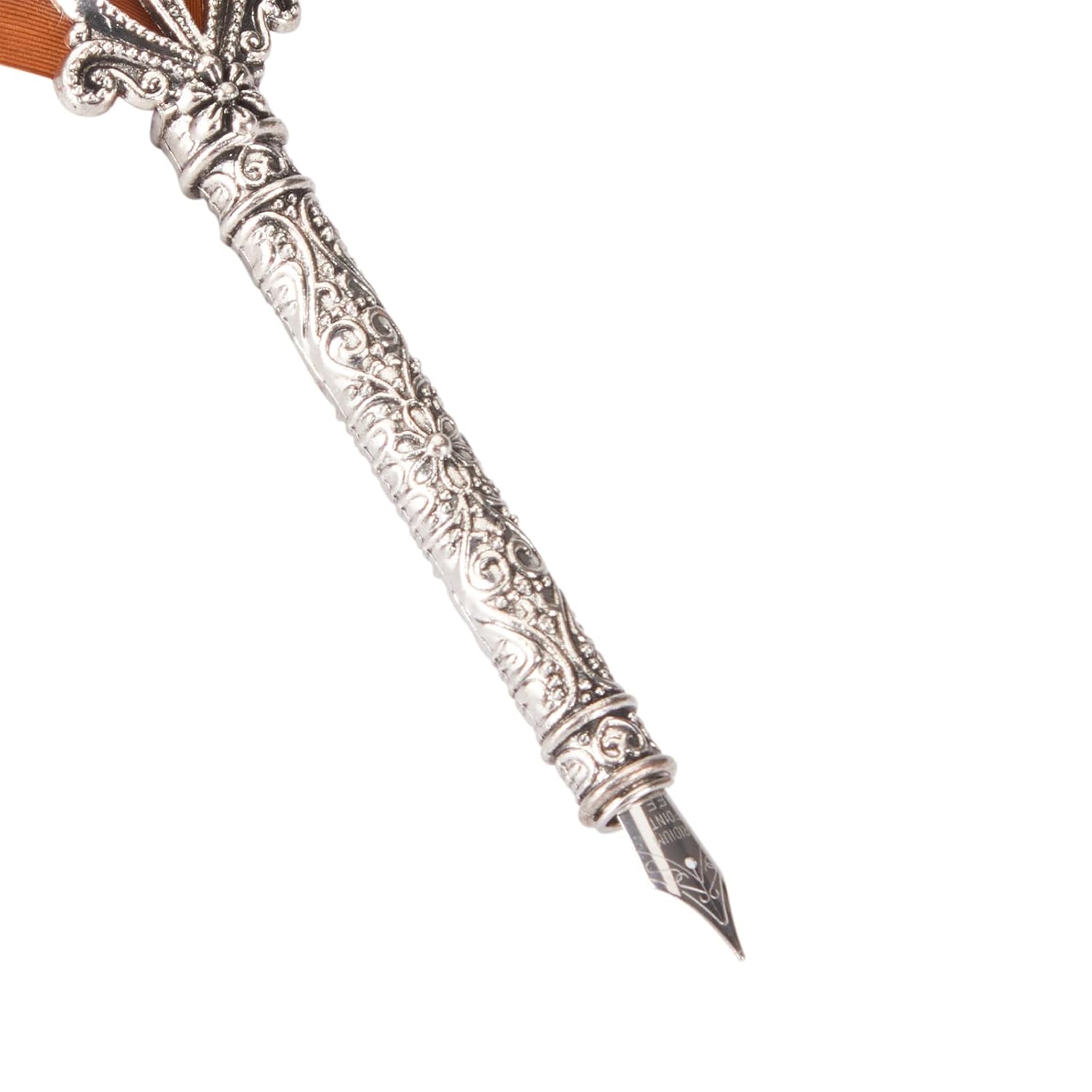 Feather Dip Fountain Pen – Natural Feather Quill Pen Set with 5 Stainless Steel Nibs for Calligraphy & Writing (Dark Orange)