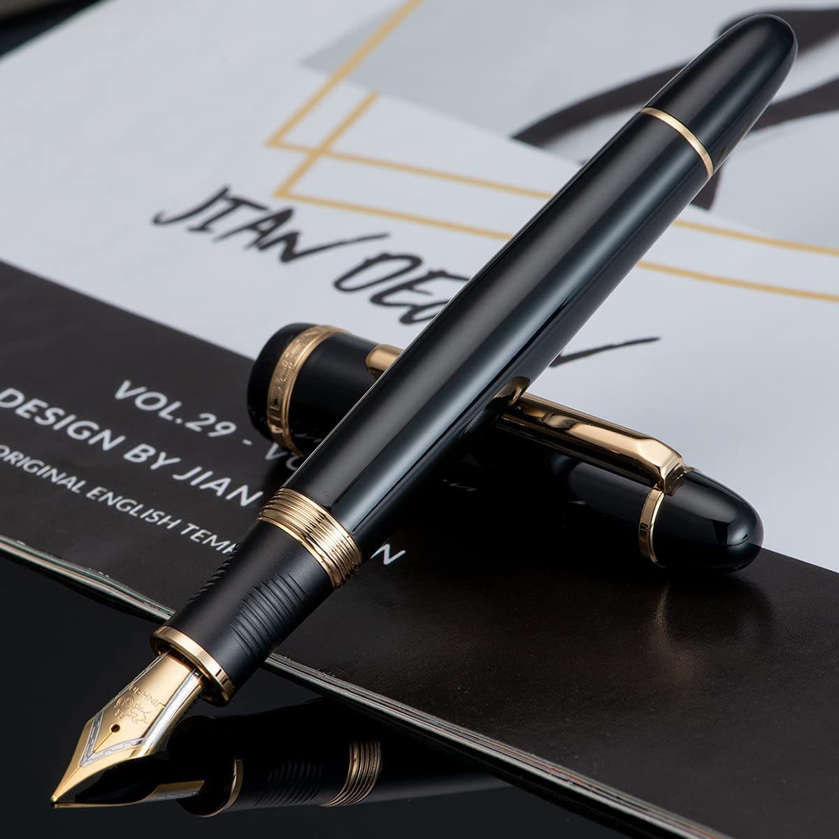Jinhao X850 Fine Nib Fountain Pen – Black with Gold Clip, Includes