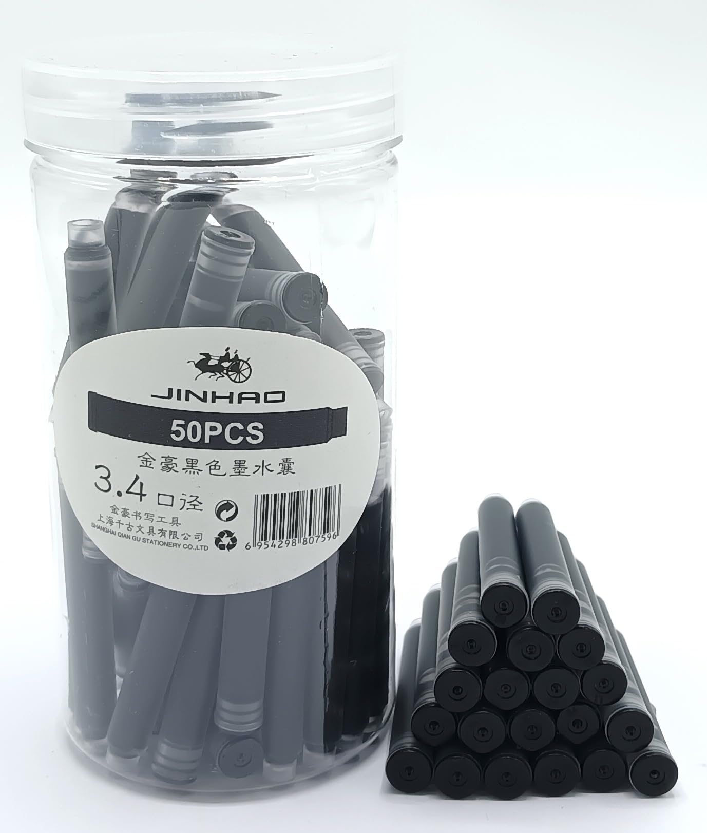 Jinhao Ink Cartridges Refills, Disposable and Universal – 3.4mm Bore Diameter 50Pcs Ink Cartridges Jar for School, Student, and Office (Black)