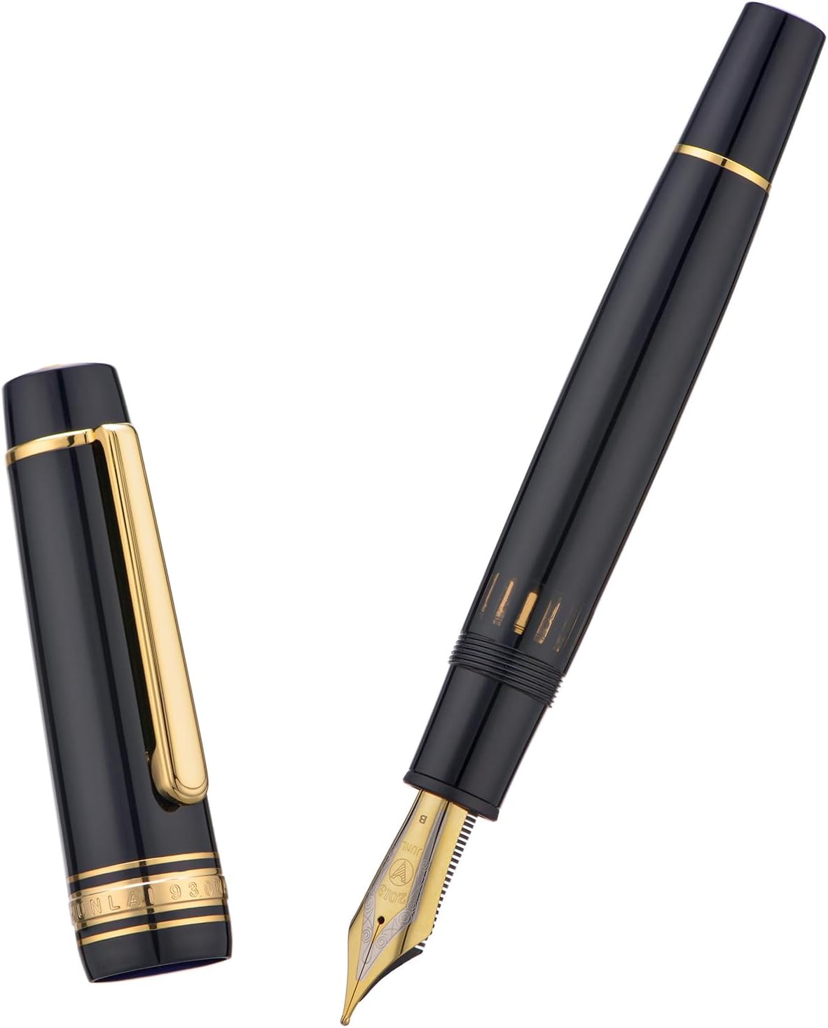 WingSung Junlai 930 Acrylic Fountain Pen – Flat Top Design with Piston Filling System, Size #9 Iridium Nib in Fine, Medium & Broad – Piano Black Fence Ink Tank with Gold Trim (No Ink)