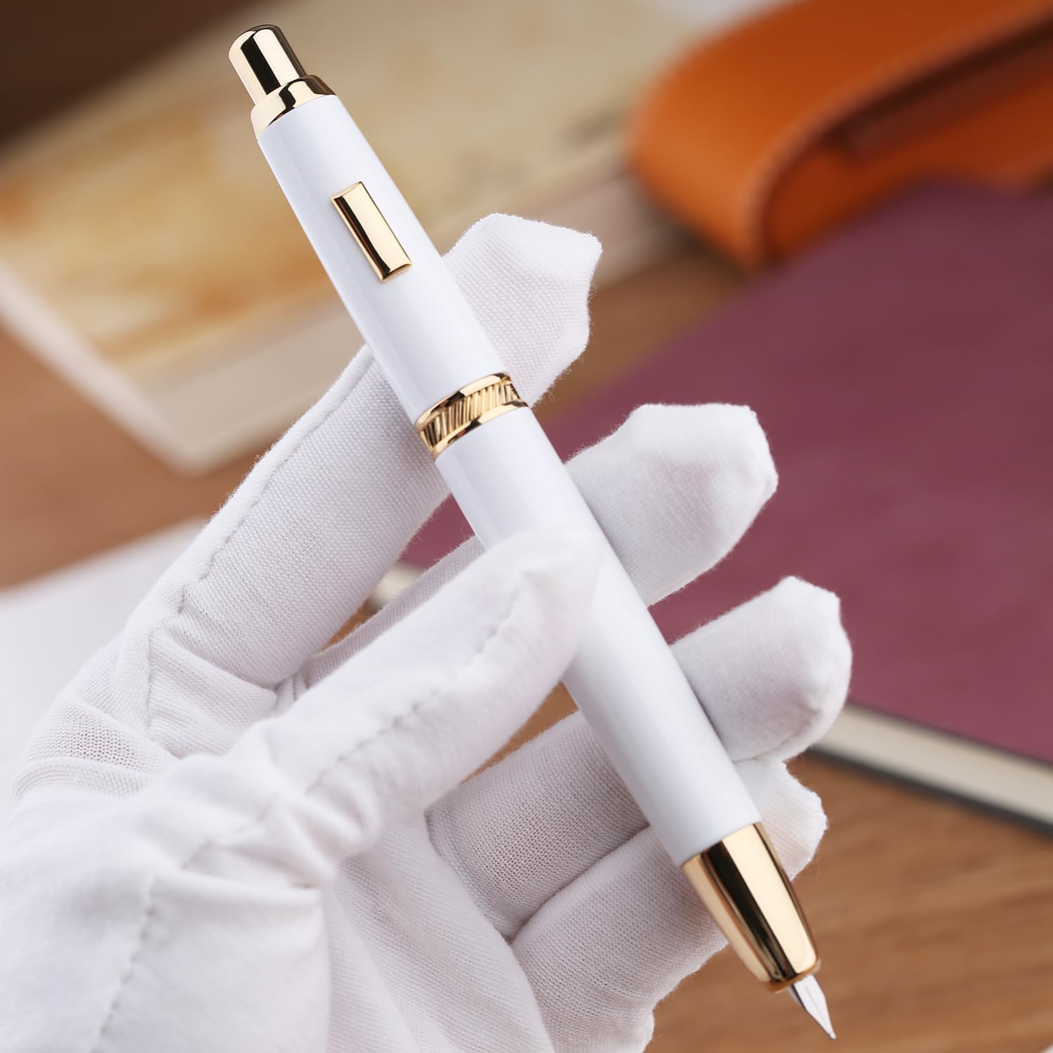 Moonman A1 Press Fountain Pen – Extra Fine Nib, Retractable White & Gold Writing Set with Converter (No Clip Version)