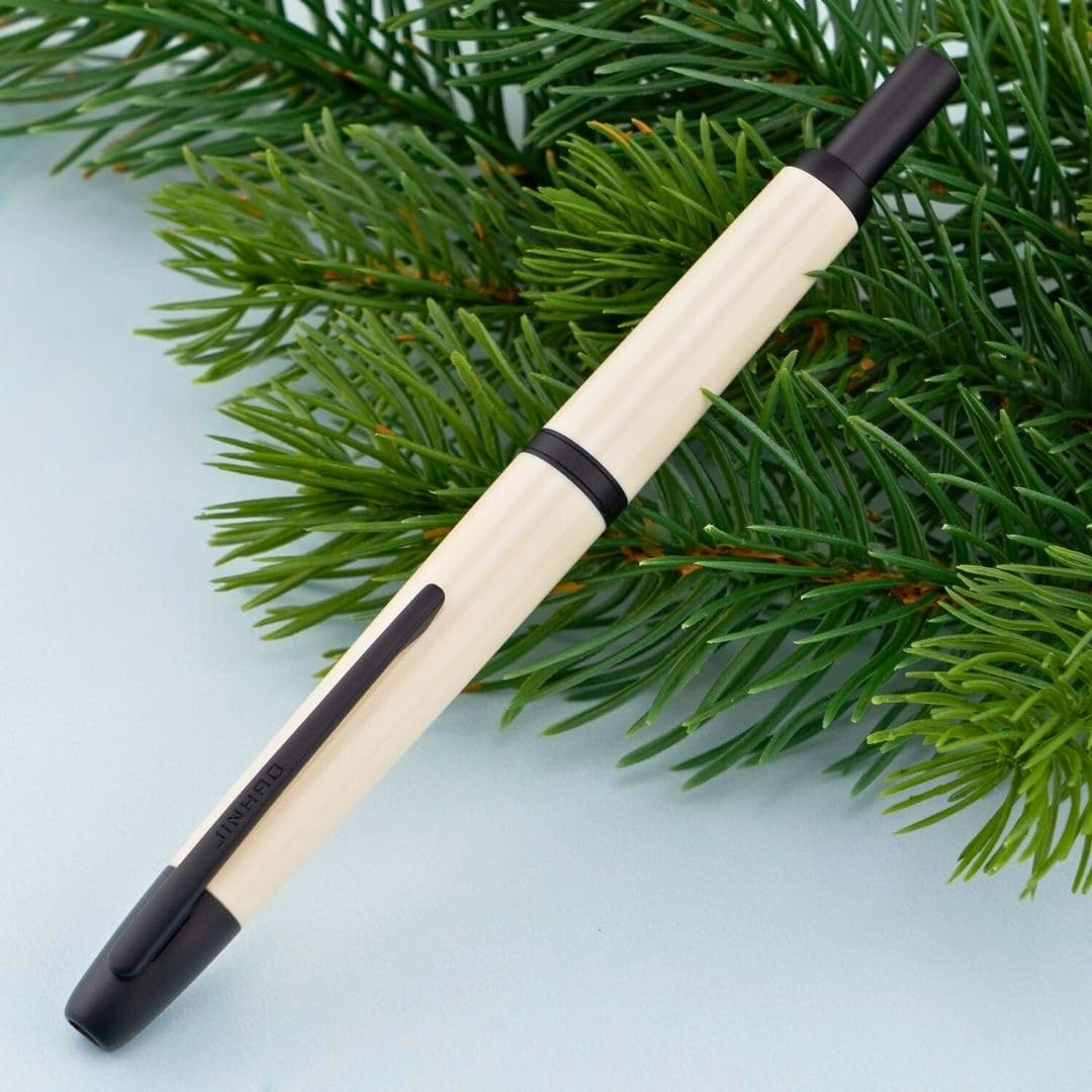Jinhao 20 Press Retractable Fountain Pen – Ivory White Colors – Plastic Body (Black clip) -Fine & Extra Fine Nib with Converter –Smooth Writing Daily Pen (No Ink Included)