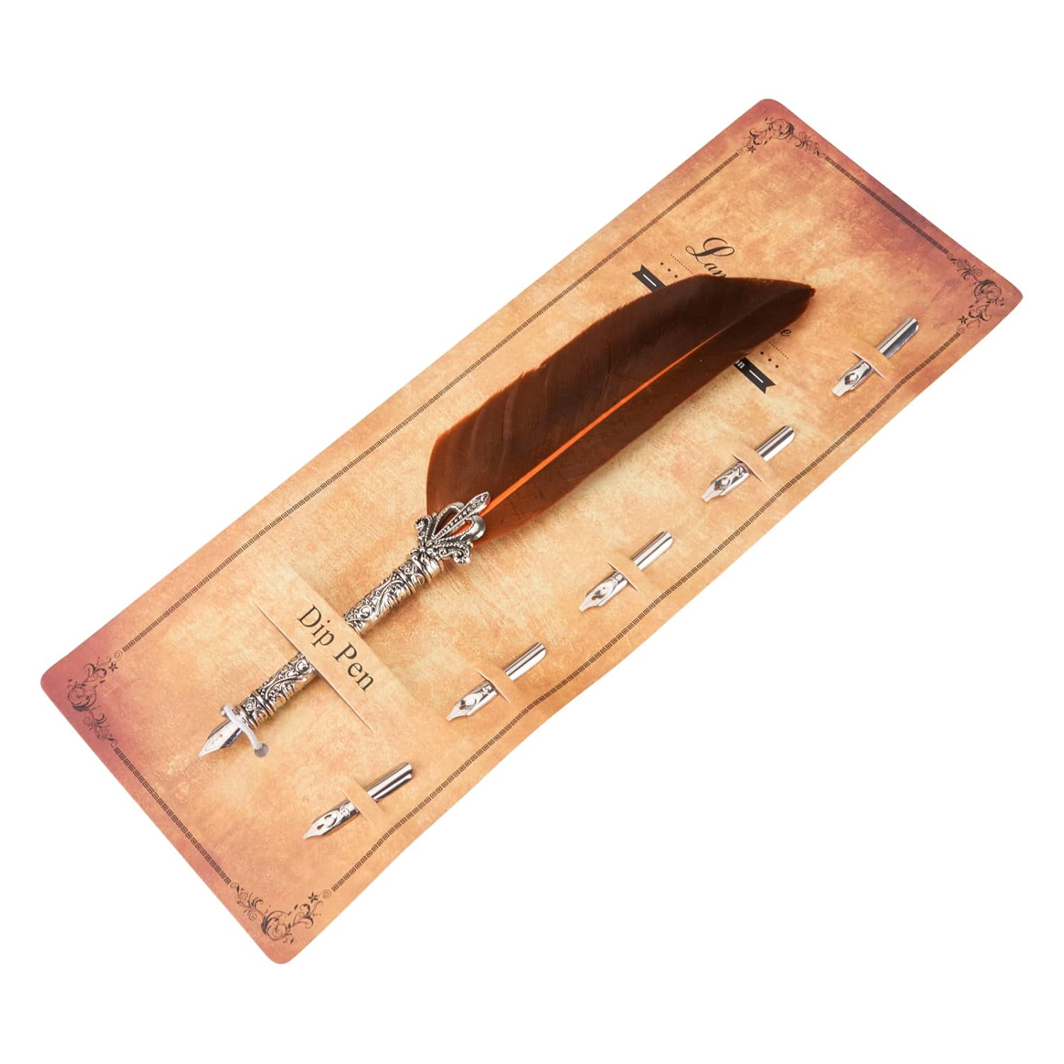 Feather Dip Fountain Pen – Natural Feather Quill Pen Set with 5 Stainless Steel Nibs for Calligraphy & Writing (Dark Orange)