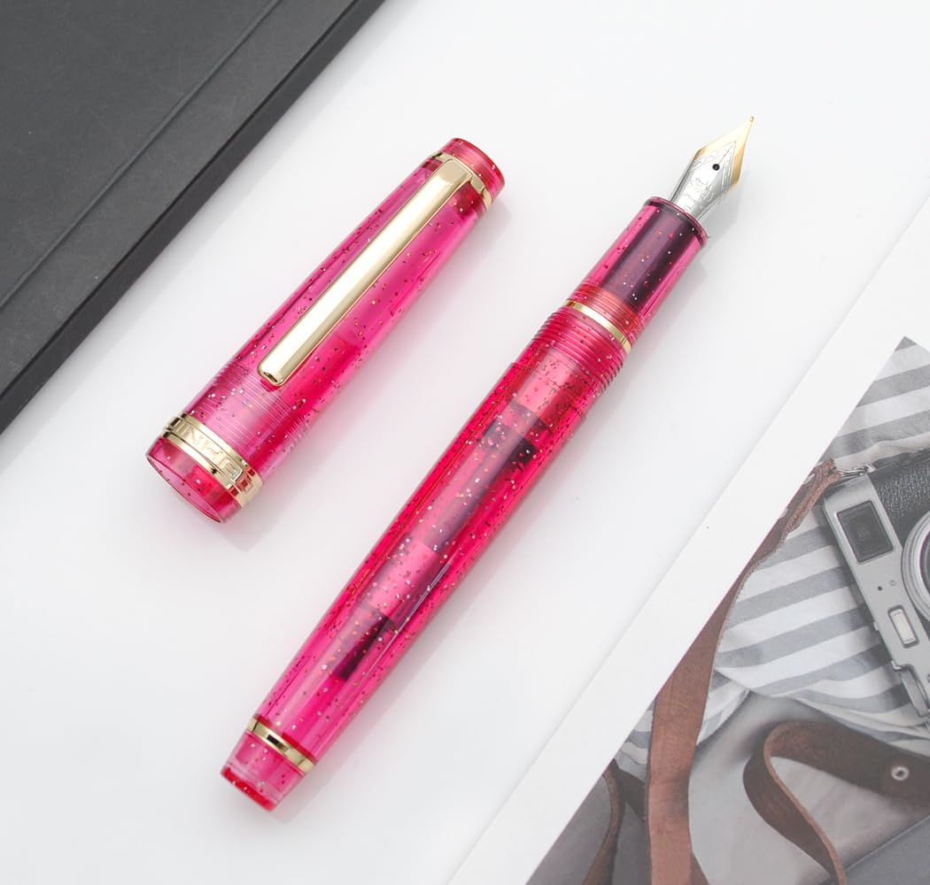 Jinhao 82 Pink Transparent Glitter Fountain Pen with Gold Trim, Resin Body & Screw Cap