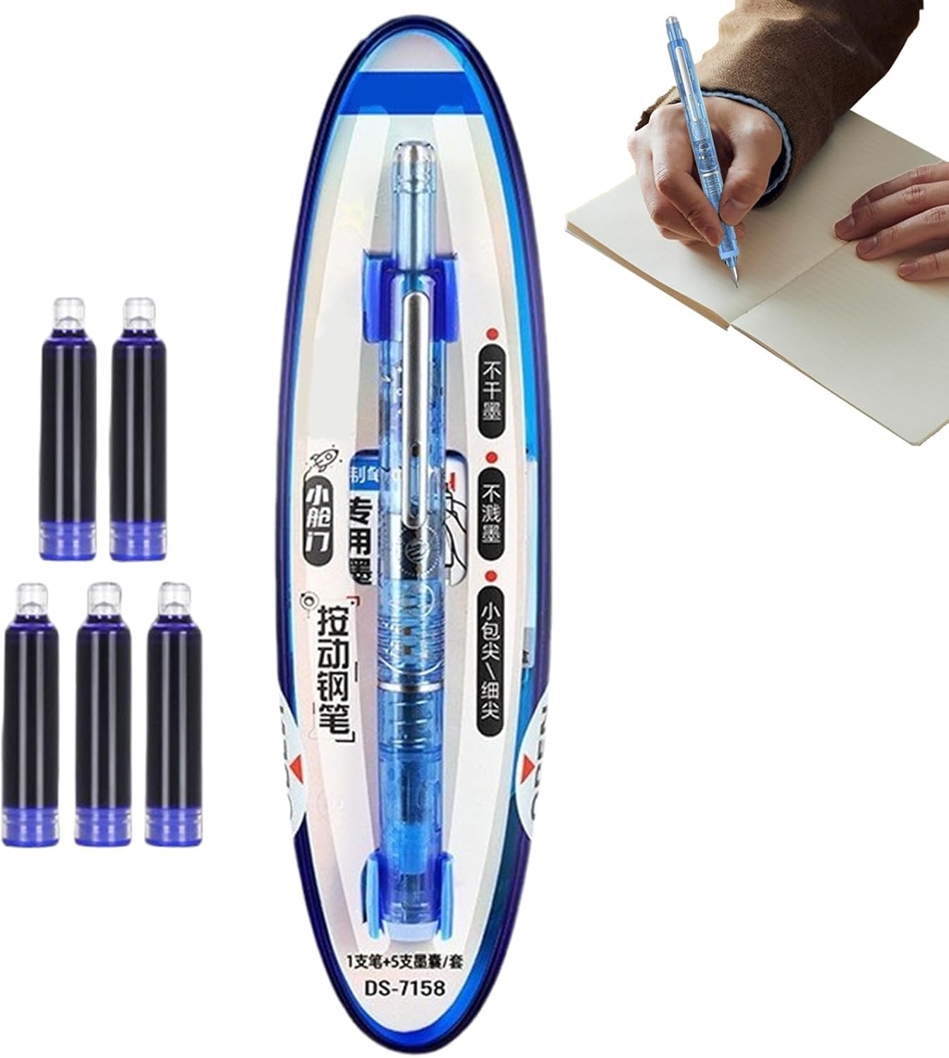 Dian Shi- 7158 Transparent Retractable Fountain Pen, EF Nib, 5 Blue Refills - Ideal Journaling Gift