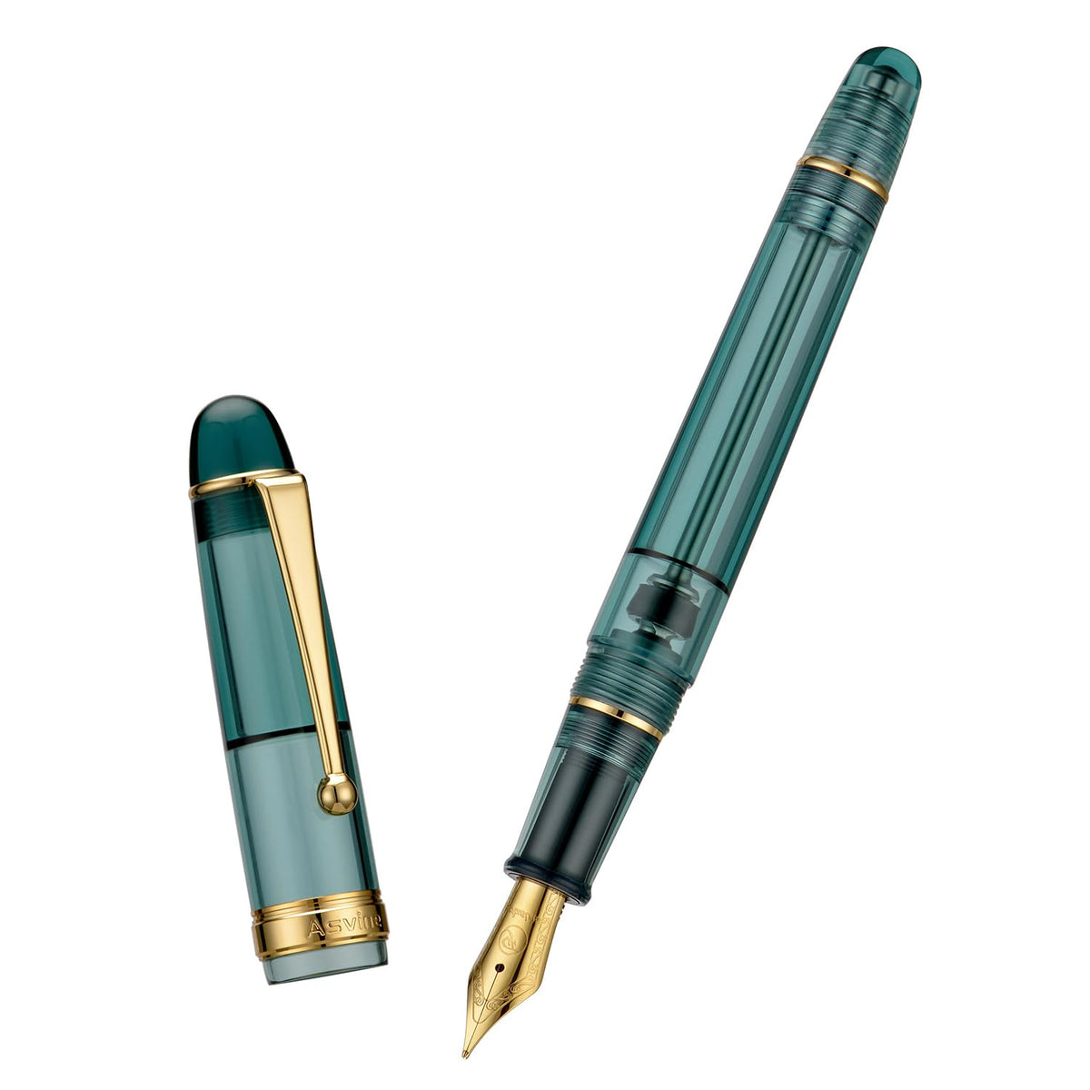 Asvine V126 Teal Blue Vacuum Filling Fountain Pen, Gold Trim Demonstrator
