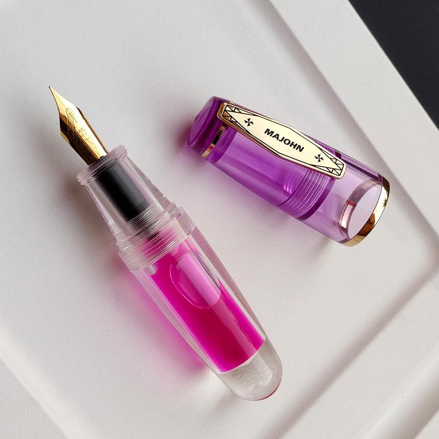 Moonman Q3 Mini Eyedropper Fountain Pen, Transparent Resin Short Pocket Pen, Iridium Fine Nib Large Capacity Writing Pen Case Set (Purple)