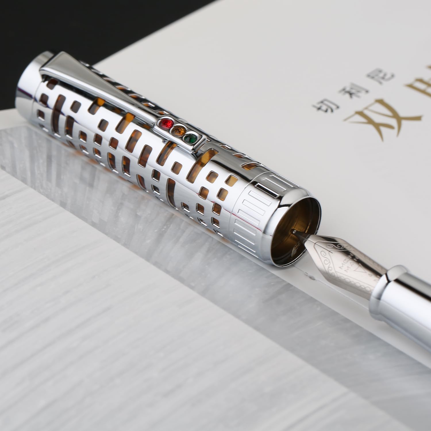 Moonman T6 City Lights Fountain Pen – Silver Skeleton Orange Acrylic Body, Extra Fine / Medium Nib, Piston Filling System