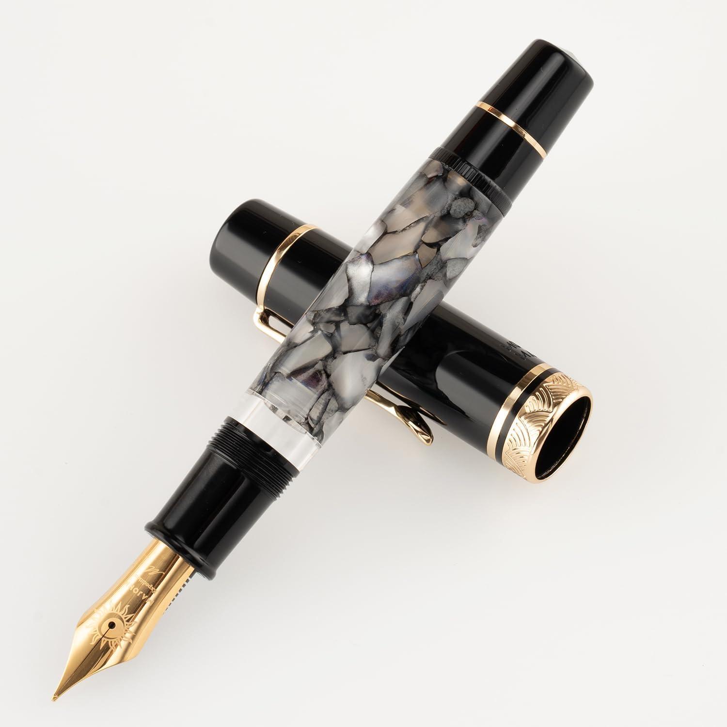 Moonman P139 Sun Carved Fountain Pen No.8 – Fine & Medium Nibs with Box, Gray Marble Acrylic, Large Capacity