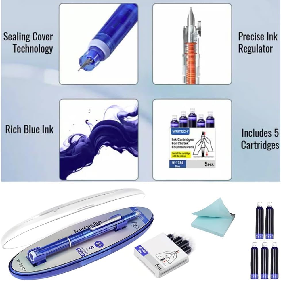 Dian Shi 1784 - Retractable Fountain Pen with 0.38mm Extra Fine Nib – Transparent Body, Smooth Writing, 5 Blue Ink Refills (Blue)