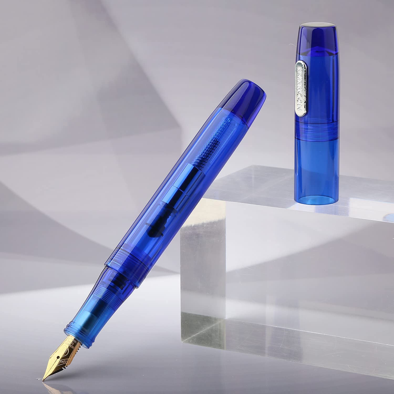 Moonman C3 Eye Dropper Filling Fountain Pen Extra Fine Nib with Ink Converter, Transparent Blue Acrylic Writing Pen Set with Box