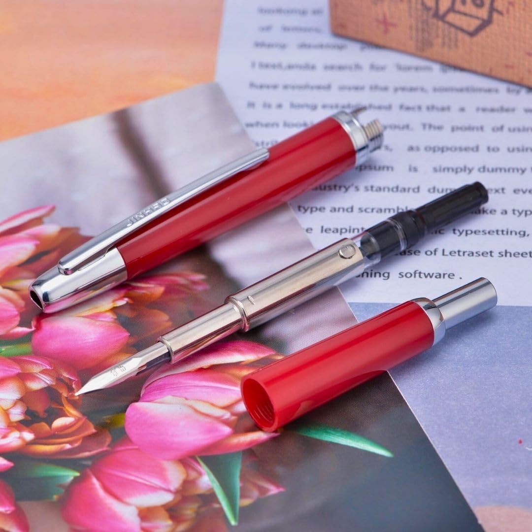 Jinhao 20 Press Retractable Fountain Pen –Palace Red Colors – Plastic Body(Silver Clip) – Fine & Extra Fine Nib with Converter –  Smooth Writing Daily Pen (No Ink Included)