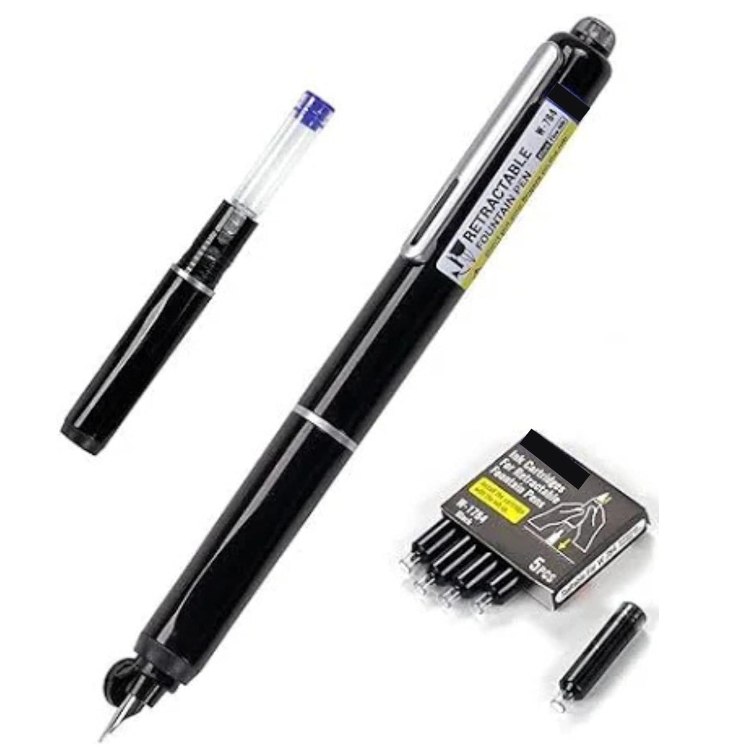 Dian Shi 1784 – Retractable Fountain Pen with 0.38mm Extra Fine Nib – Smooth Writing, 5 Blue Ink Refills (Black)