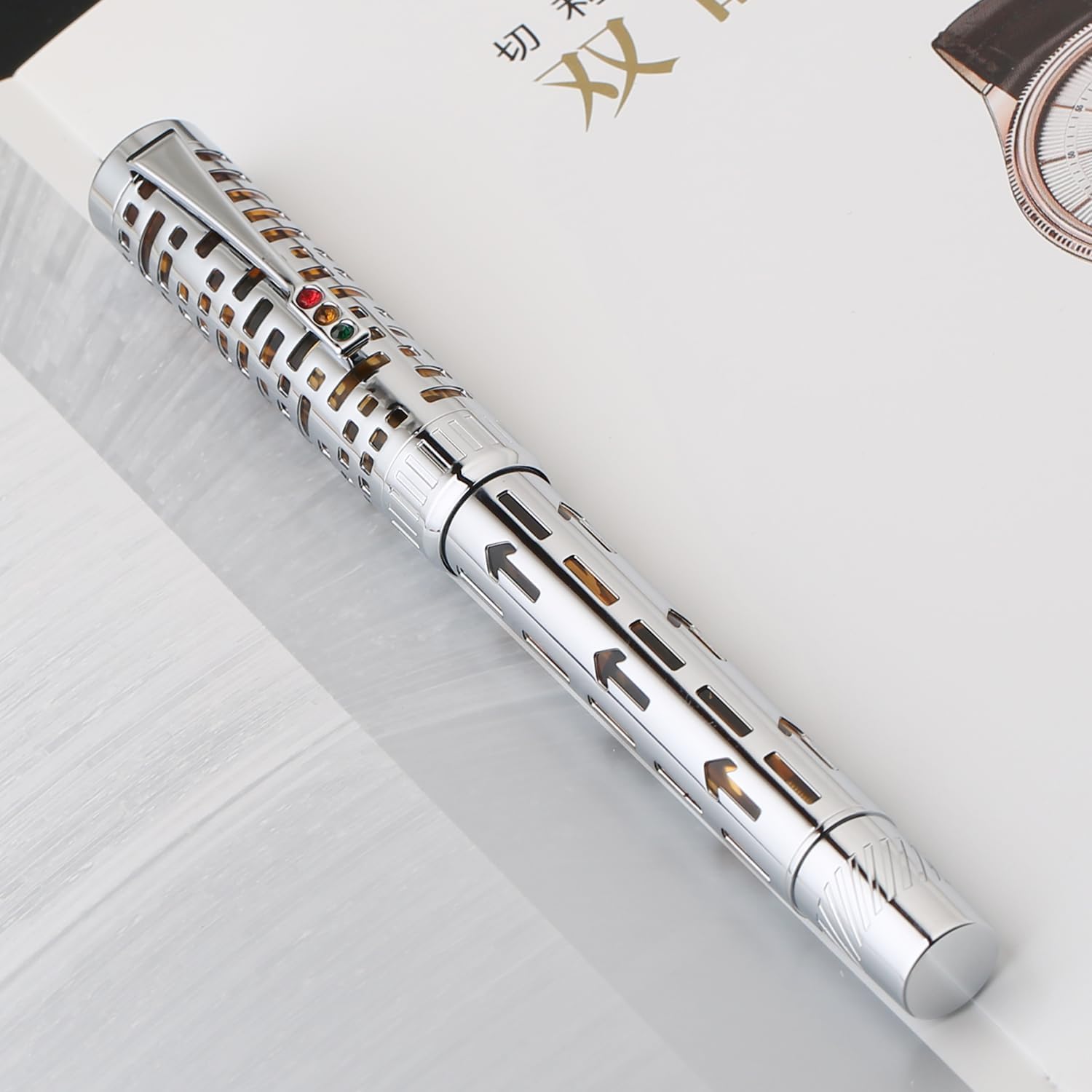 Moonman T6 City Lights Fountain Pen – Silver Skeleton Orange Acrylic Body, Extra Fine / Medium Nib, Piston Filling System