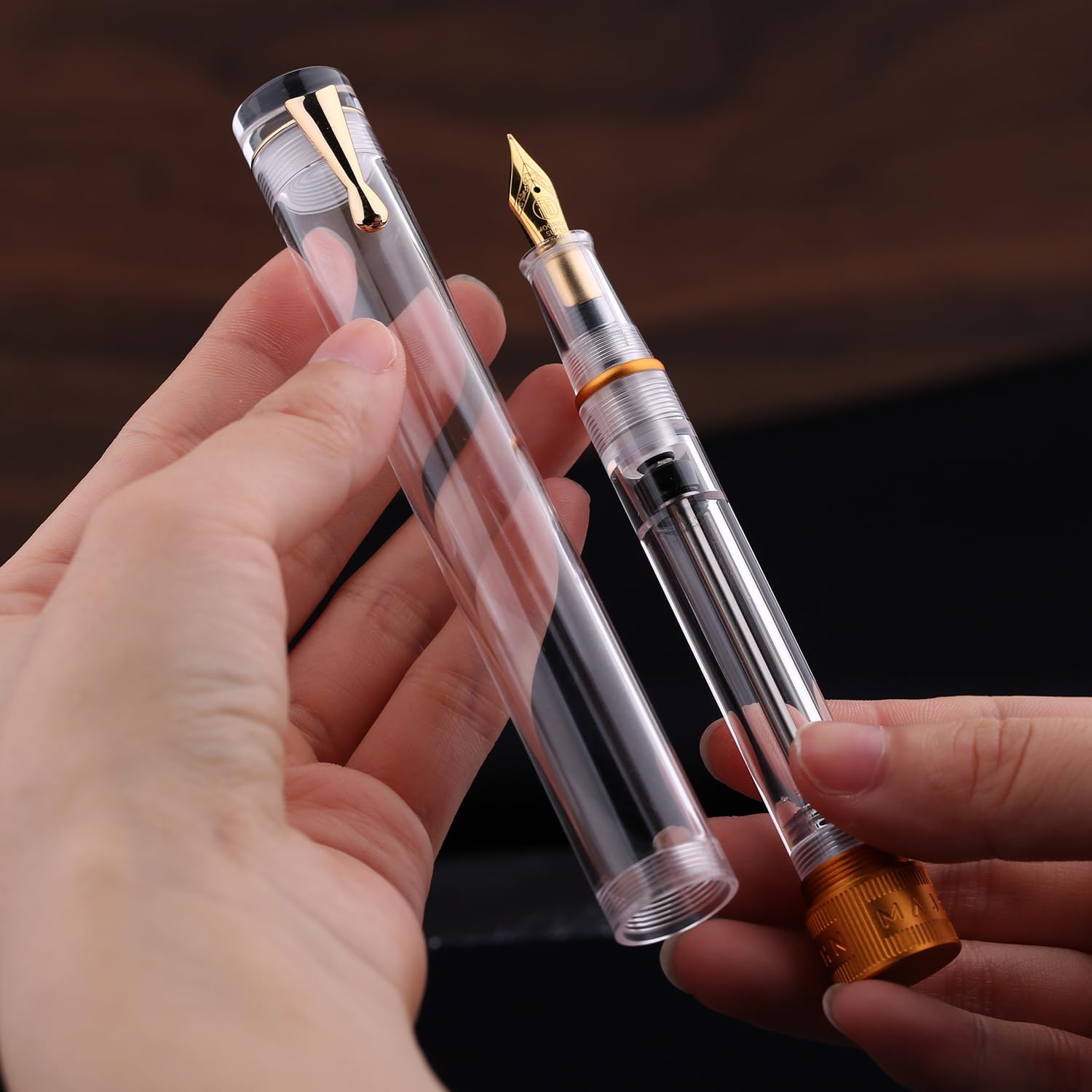 Moonman Majohn V1 Vacuum Filling Fountain Pen Extra Fine Nib, Transparent Acrylic Demonstration Writing Gift Pen with Box (Golden Clip)