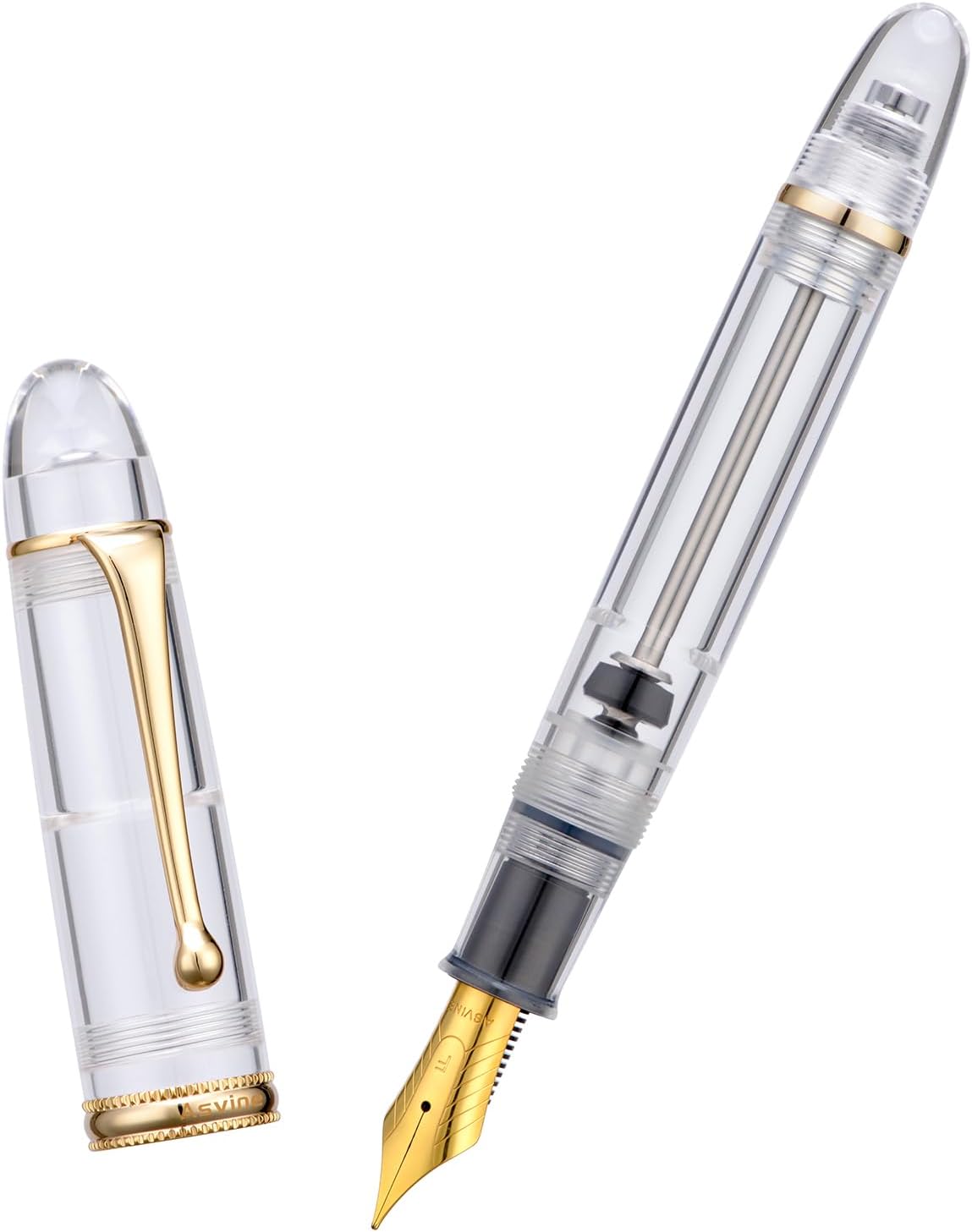 Asvine V800 Clear Demonstrator Vacuum Filling Fountain Pen, Size 8 Nib, Gold Trim