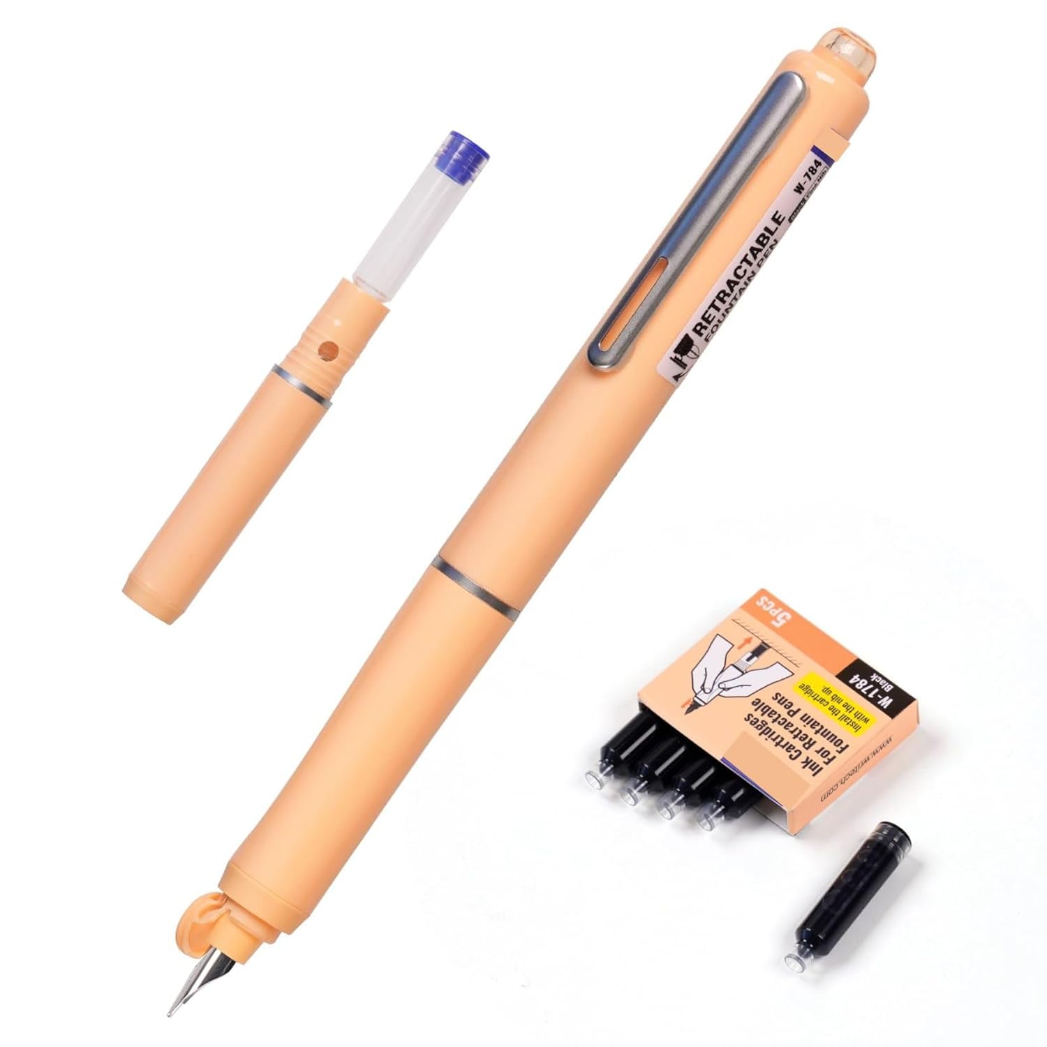 Dian Shi 1784 – Retractable Fountain Pen with 0.38mm Extra Fine Nib – Smooth Writing, 5 Blue Ink Refills (Peach)