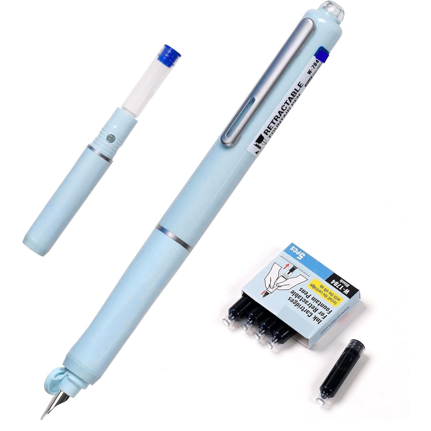 Dian Shi 1784 - Retractable Fountain Pen with 0.38mm Extra Fine Nib –  Smooth Writing, 5 Blue Ink Refills (Light Blue)