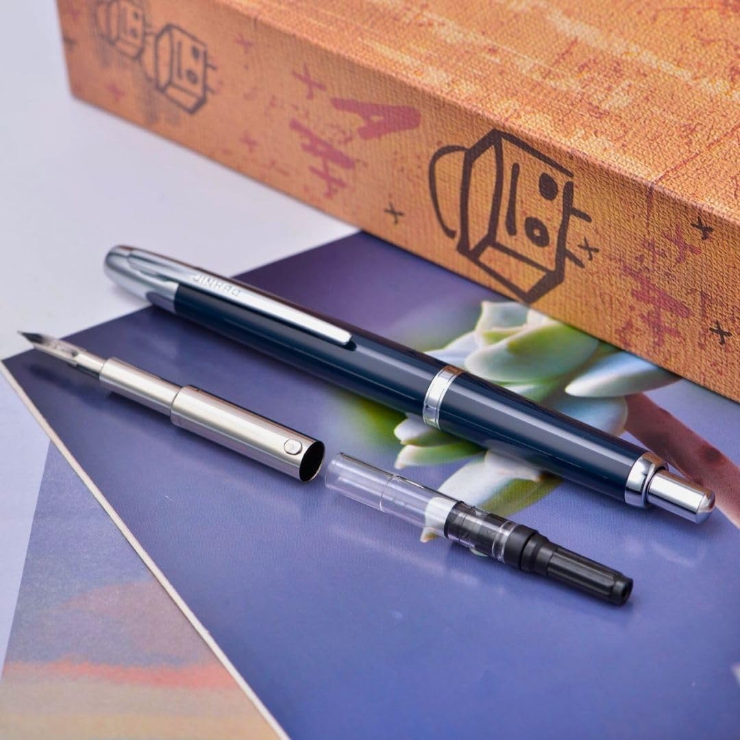 Jinhao 20 Press Retractable Fountain Pen –Dark Blue Colors –Plastic Body(Silver Clip) – Fine & Extra Fine Nib with Converter –  Smooth Writing Daily Pen (No Ink Included)