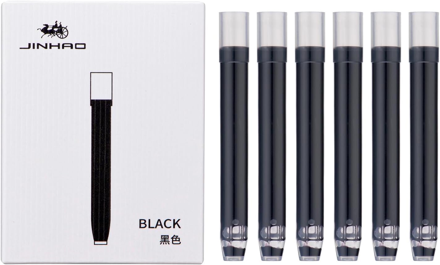 Jinhao 10 Fountain Pen Ink Cartridges – Set of 30 Black Ink Refills (5.5mm Bore) + 1 Pack Metal Protector Cap with Black Ink Cartridge