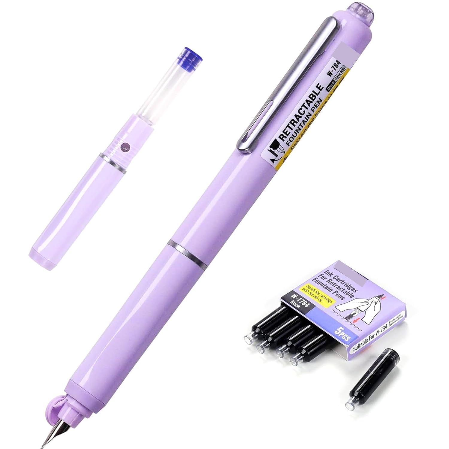 Dian Shi 1784 – Retractable Fountain Pen with 0.38mm Extra Fine Nib – Smooth Writing, 5 Blue Ink Refills (Lavender)