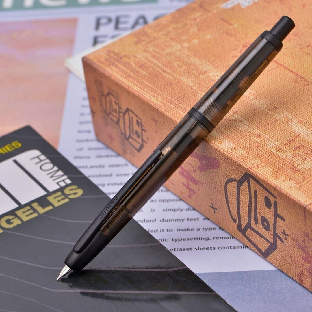 Jinhao 20 Press Retractable Fountain Pen – Transparent Black Colors –  Plastic Body (Black clip) -Fine & Extra Fine Nib with Converter – Smooth Writing Daily Pen (No Ink Included)