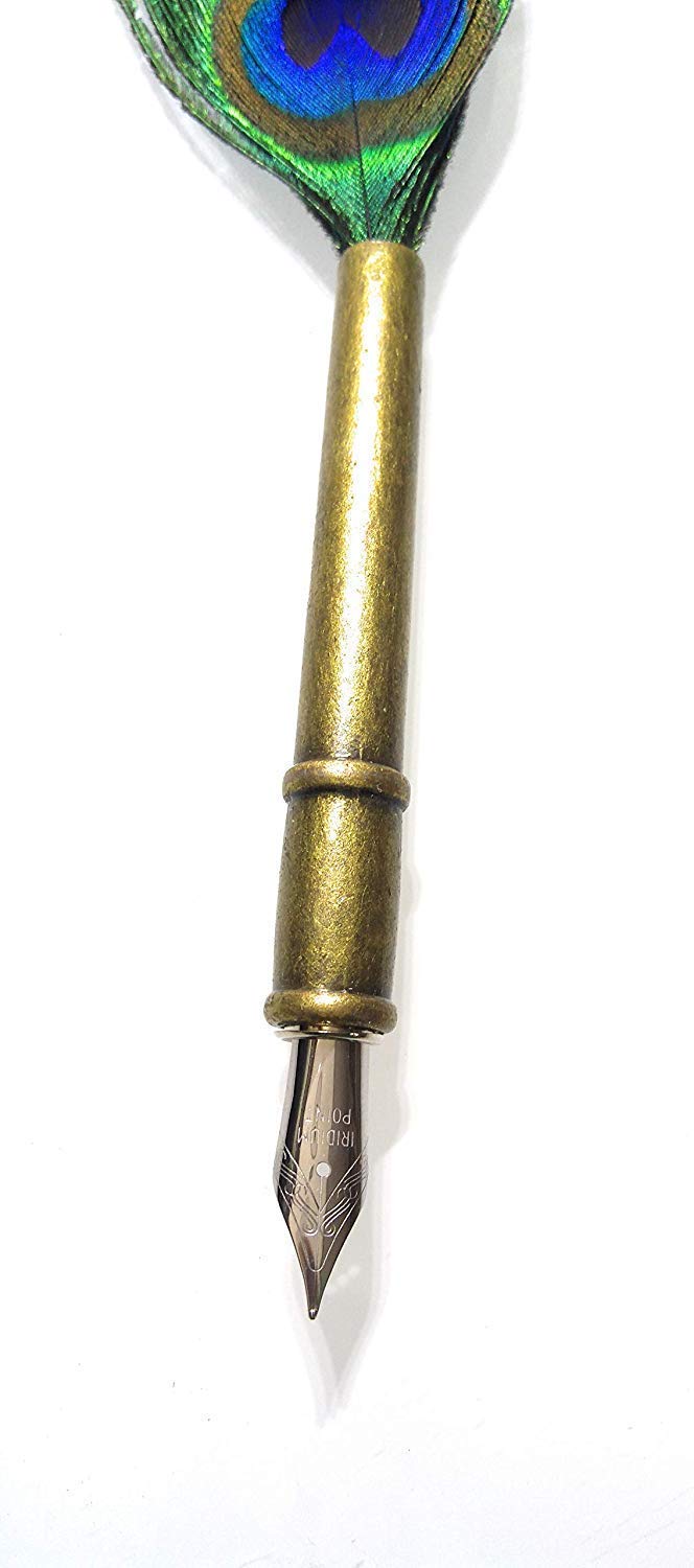 Peacock Feather Quill Dip Pen 0.5mm Fine NibWriting Ink Set with Gift Box – Copper Stationery Set for Calligraphy & Creative Writing