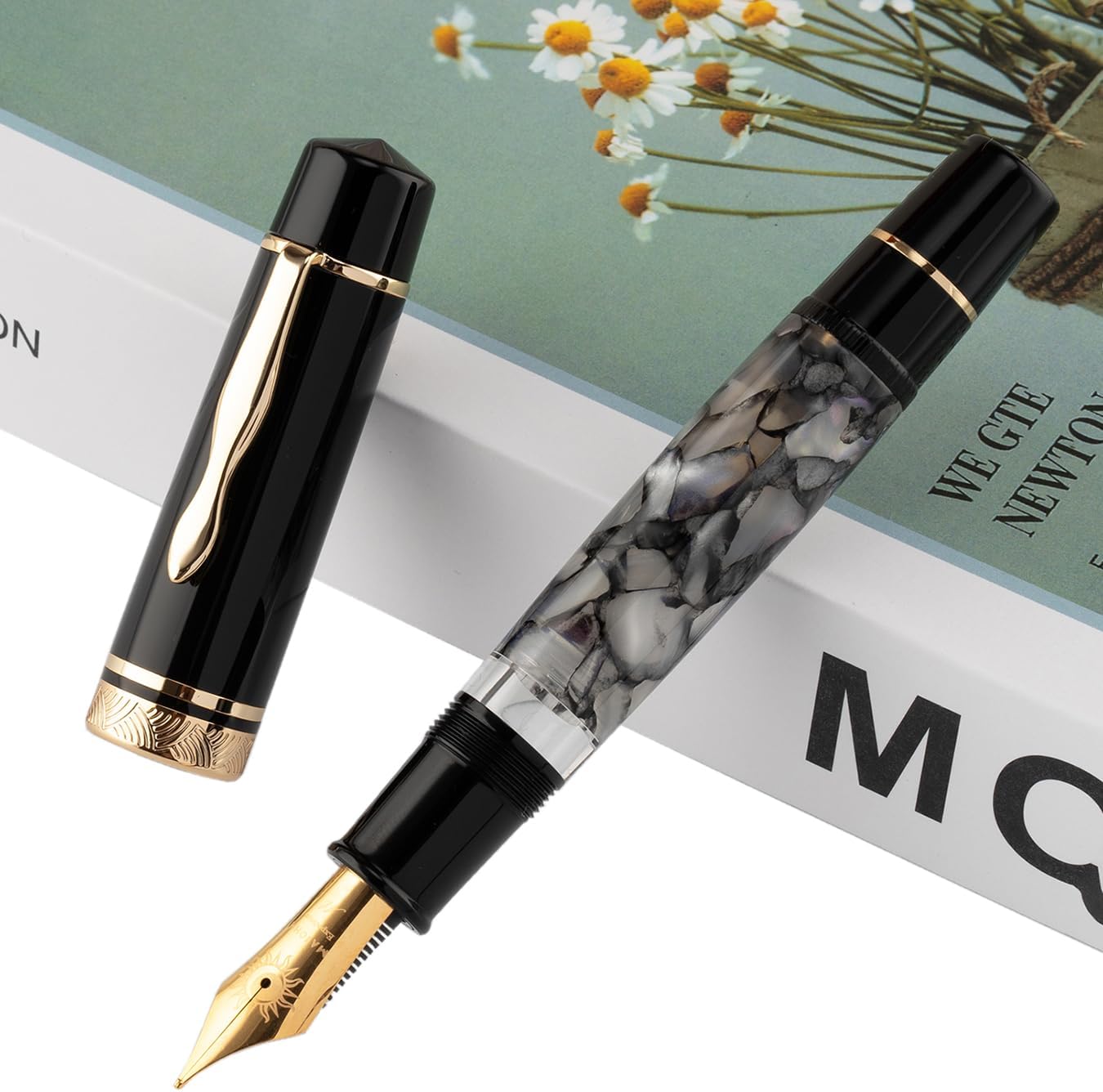 Moonman P139 Sun Carved Fountain Pen No.8 – Fine & Medium Nibs with Box, Gray Marble Acrylic, Large Capacity