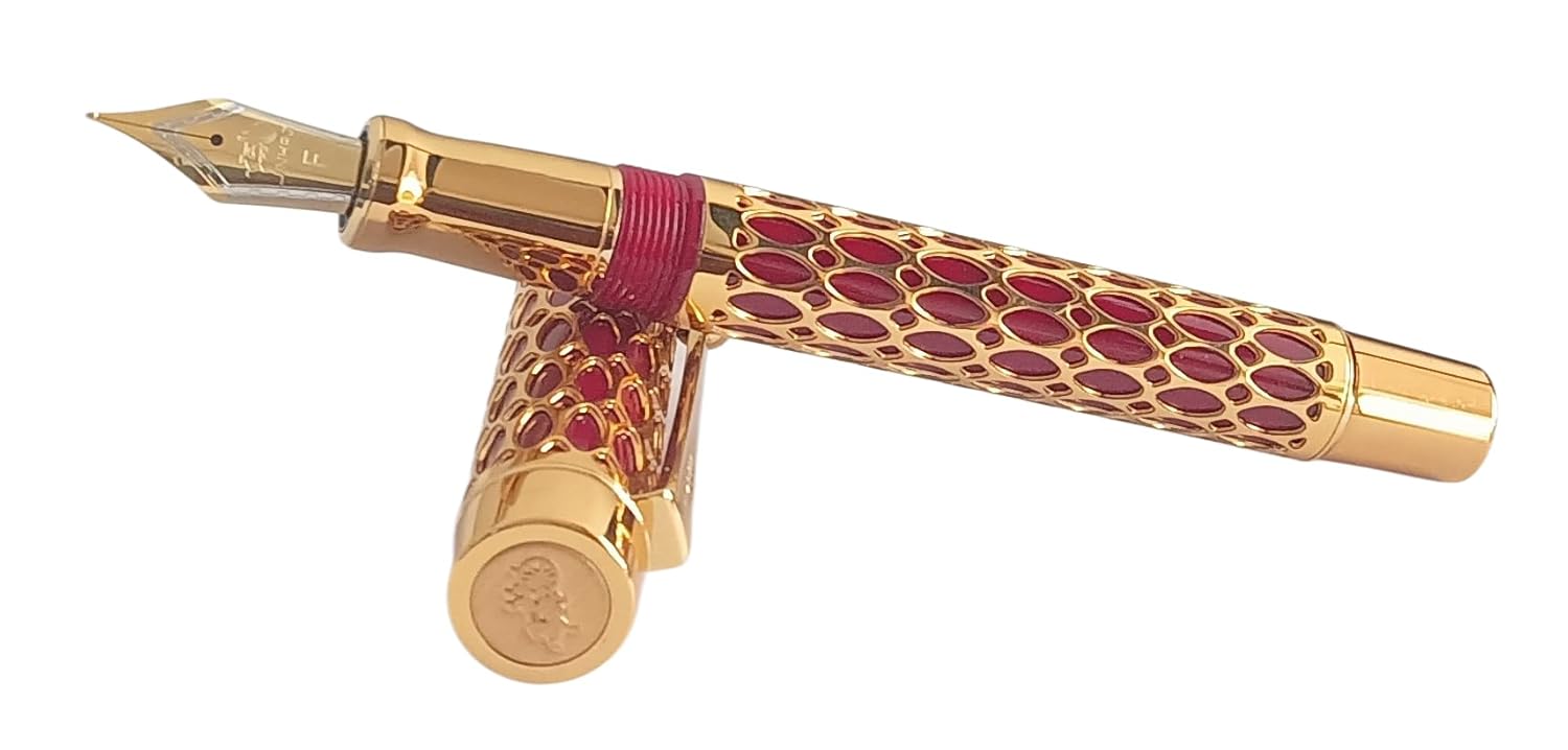 Jinhao 100 Fountain Pen –  Red Resin & Gold Metal Grid Skeleton Design, Fine & Medium Nib Options with Ink Converter