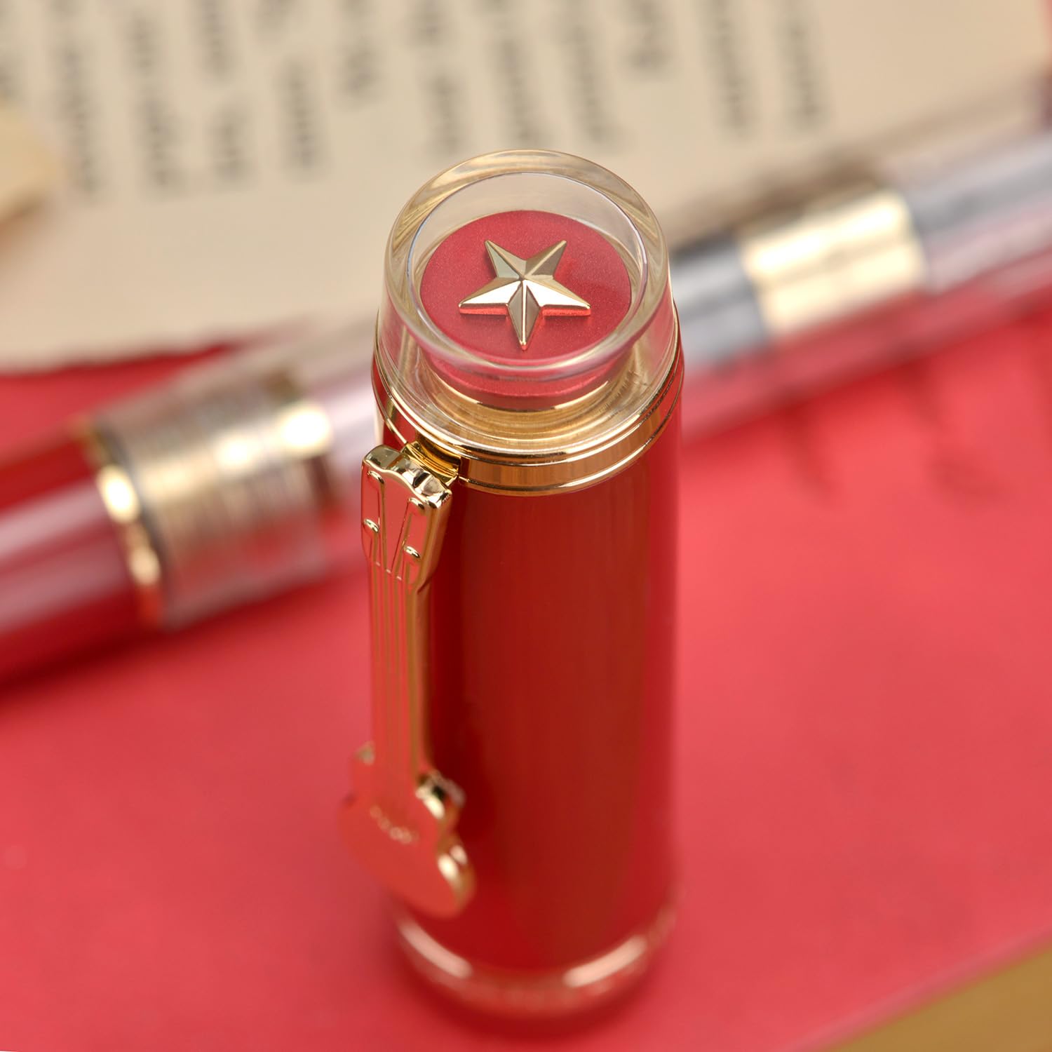 Jinhao 1935 Tiandao Series Fountain Pen – Red & Clear Acrylic Body, Dual tone Medium Nib Nib, Gold Guitar Clip With Large Converter